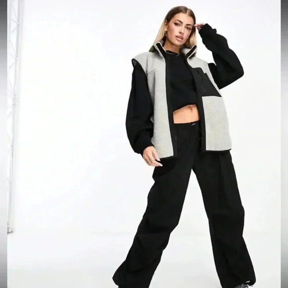 NWOT ASOS Weekend Collective borg nylon zip through vest in grey w/ embroidery - Picture 1 of 10